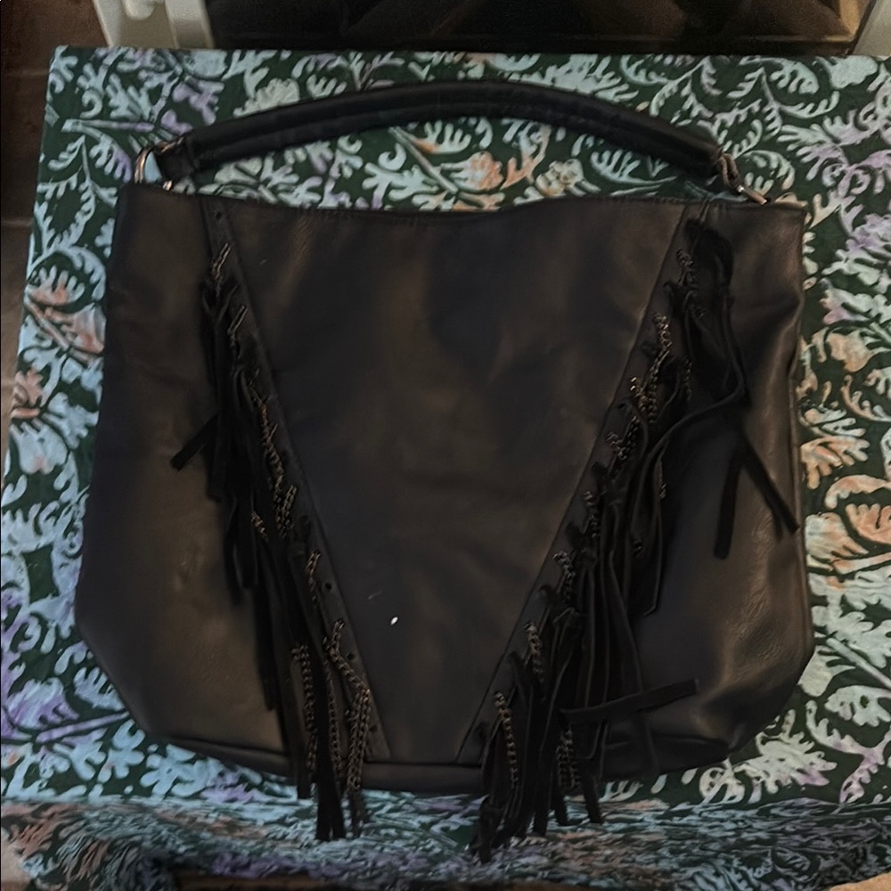Dolce Vito black leather fringe vynil body bag with silver fringe accents